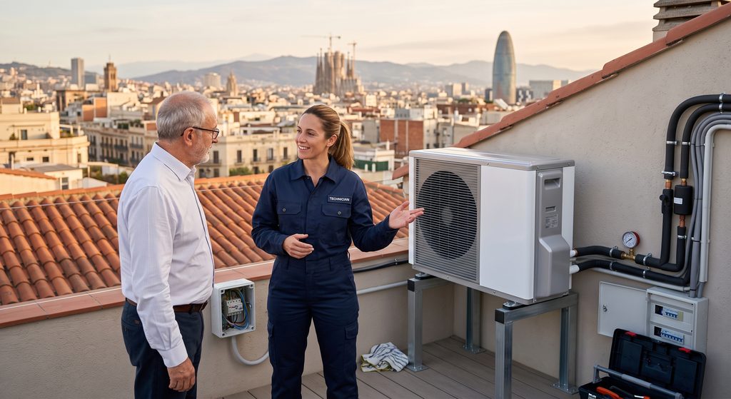 Técnico y clienta junto a una bomba de calor en una azotea de Barcelona