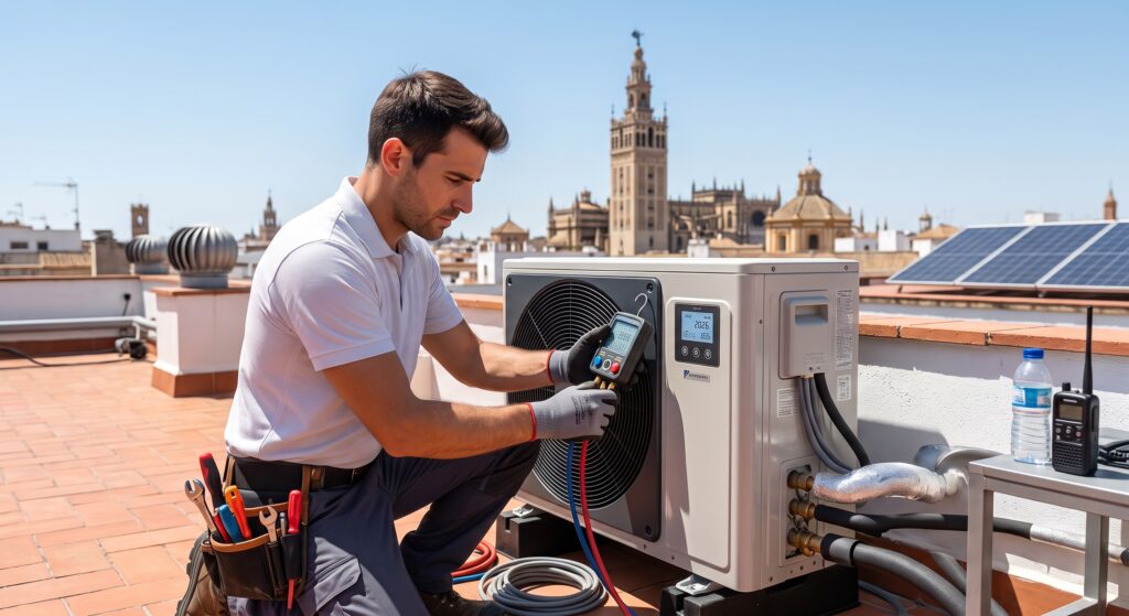 Instalador comprobando una bomba de calor en una azotea de Sevilla