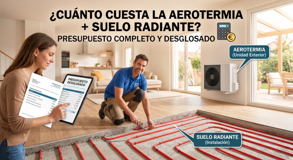 Instaladores colocando suelo radiante conectado a un sistema de aerotermia con el presupuesto desglosado