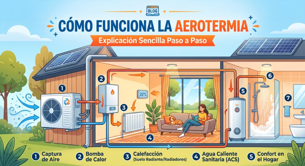 Esquema del funcionamiento de la aerotermia en una vivienda, paso a paso