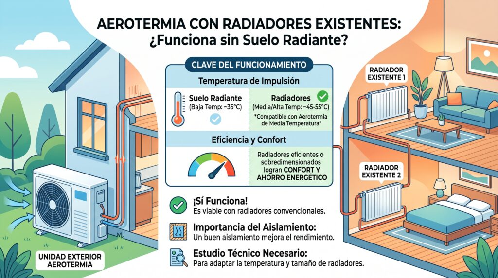 Esquema de una instalación de aerotermia conectada a radiadores existentes
