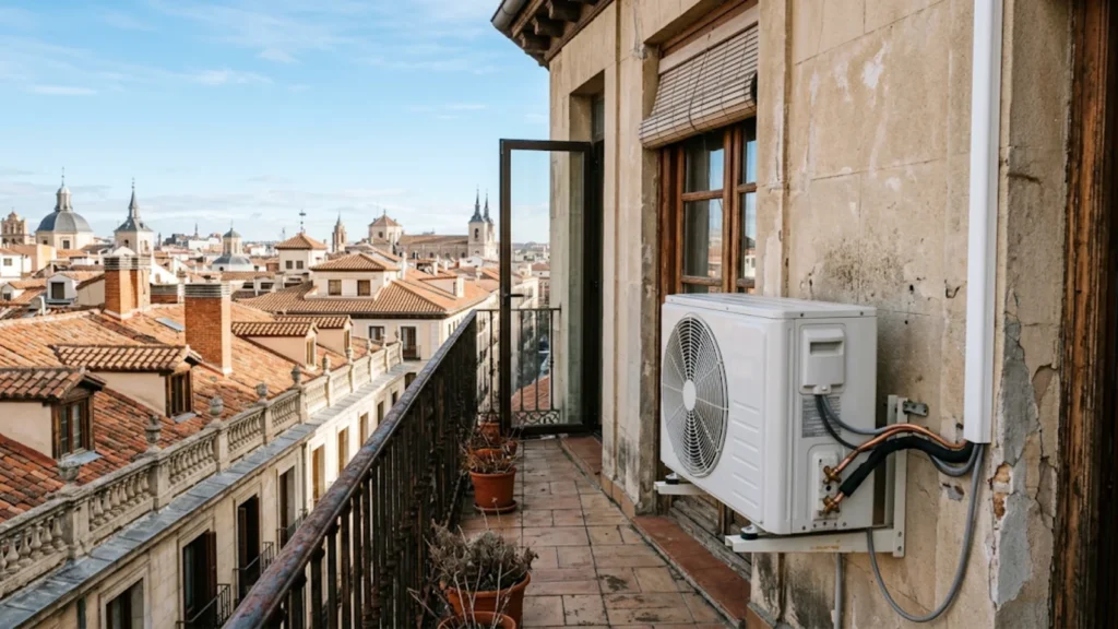 Unidad exterior de una bomba de calor en el balcón de un edificio de Madrid
