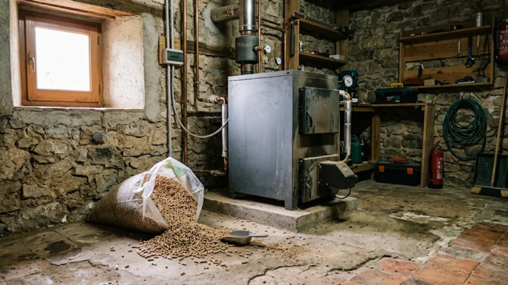 Caldera de pellets en el cuarto técnico de una casa con un saco de pellets de madera