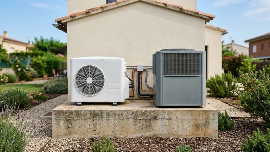 Dos unidades exteriores de bomba de calor de diseños distintos instaladas una junto a la otra
