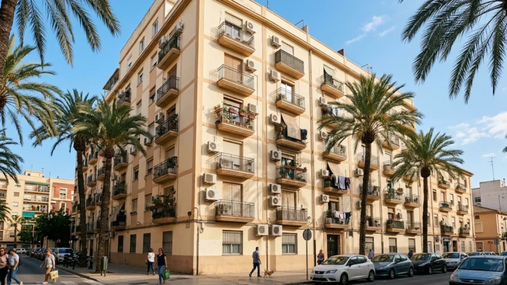 Fachada de un edificio residencial de Valencia con unidades exteriores de bomba de calor en los balcones