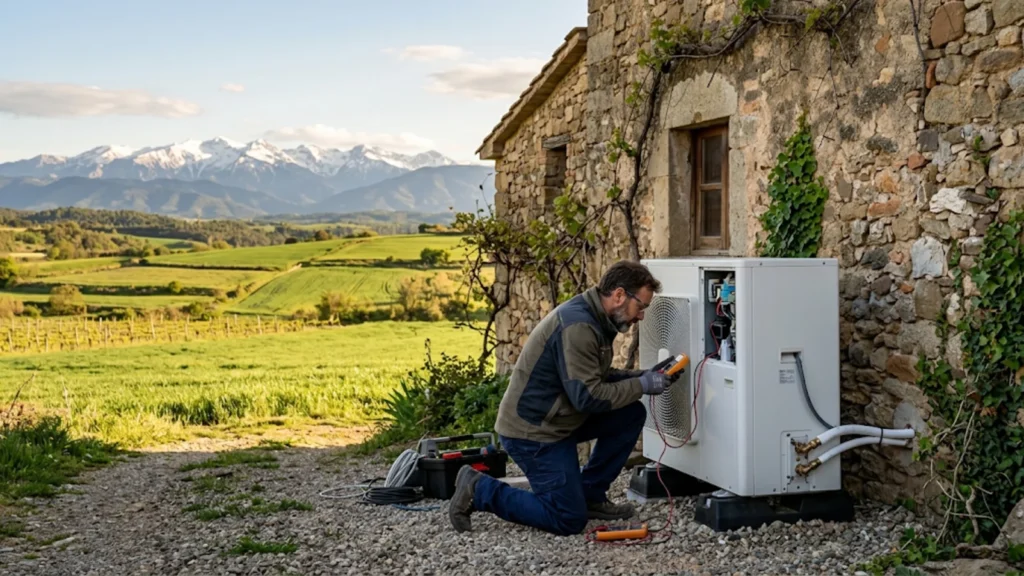 Instalador revisando la unidad exterior de una aerotermia junto a una masía de piedra en Girona
