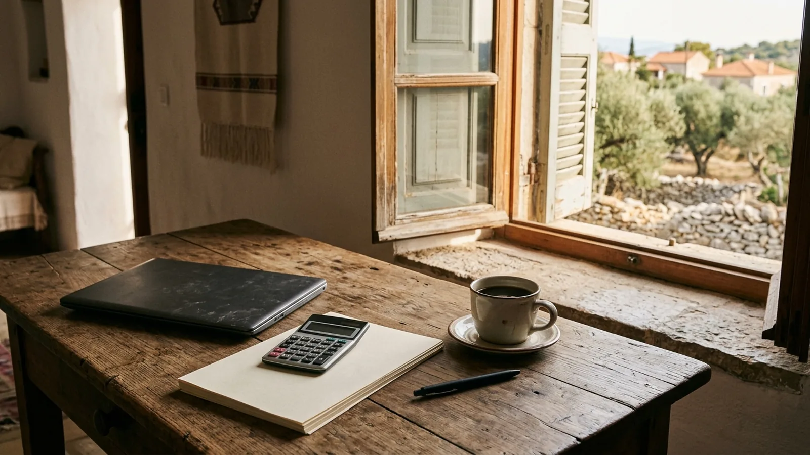 Mesa de madera con un portátil cerrado, una calculadora, papeles en blanco y una taza de café junto a una ventana