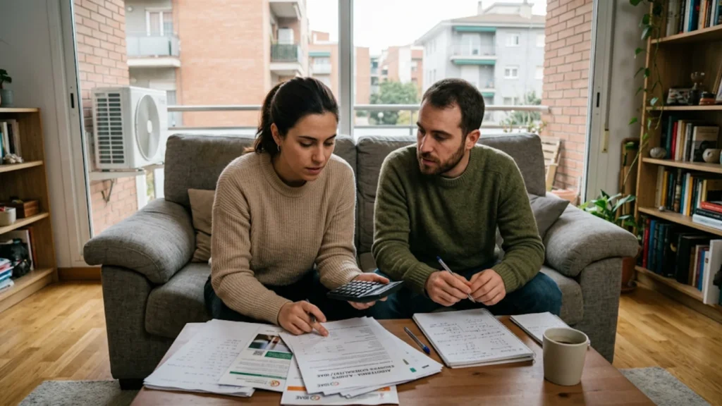 Pareja revisando papeles y calculando las ayudas para instalar aerotermia en su salón