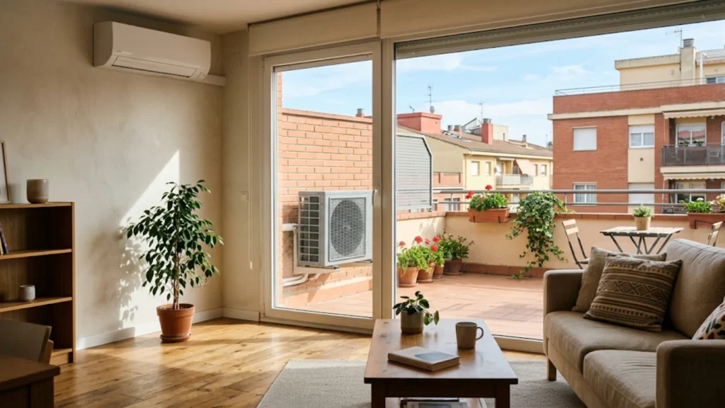 Salón de una vivienda con aire acondicionado en la pared y la unidad exterior de la bomba de calor en la terraza