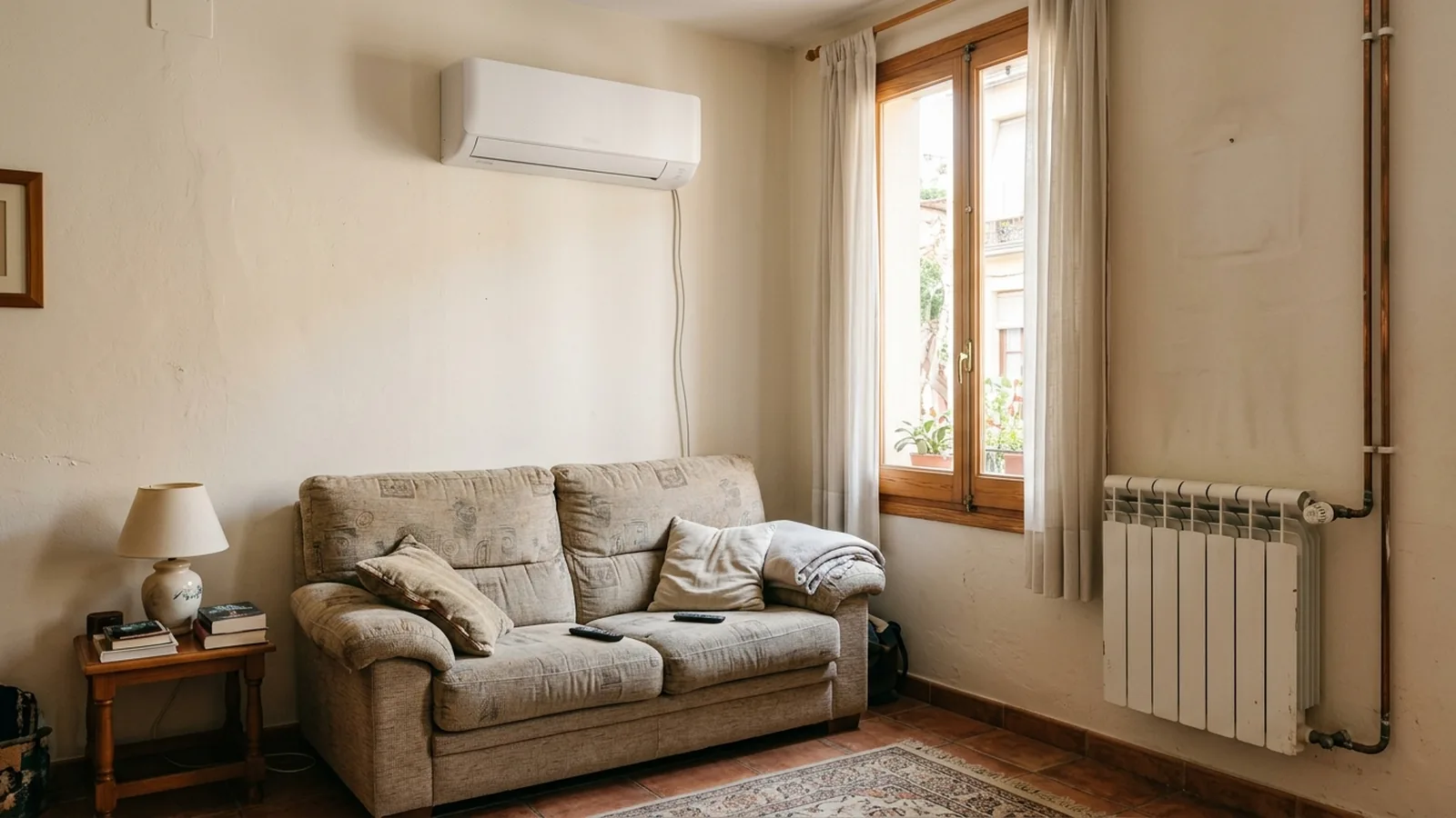 Salón con un aire acondicionado split en la pared y un radiador de agua blanco junto a la ventana