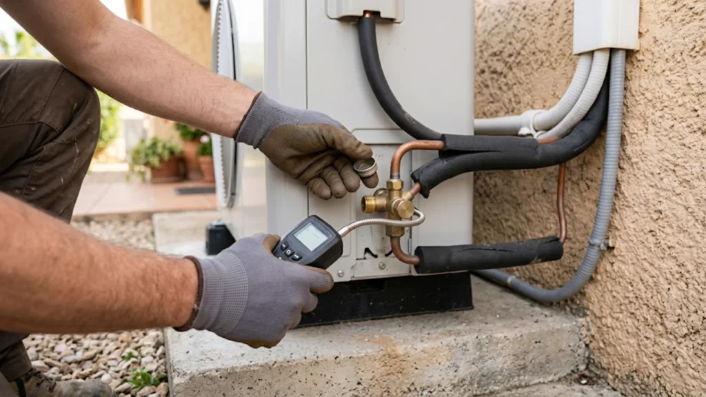 Técnico conectando un detector de fugas de refrigerante a la válvula de una bomba de calor