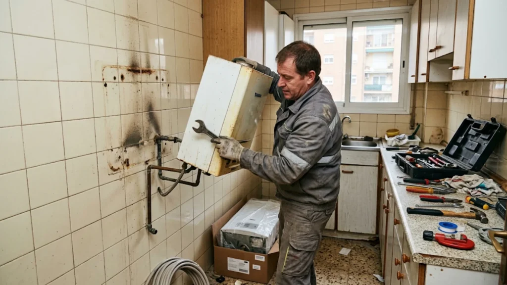 Técnico retirando una caldera antigua de la cocina durante la renovación de la calefacción