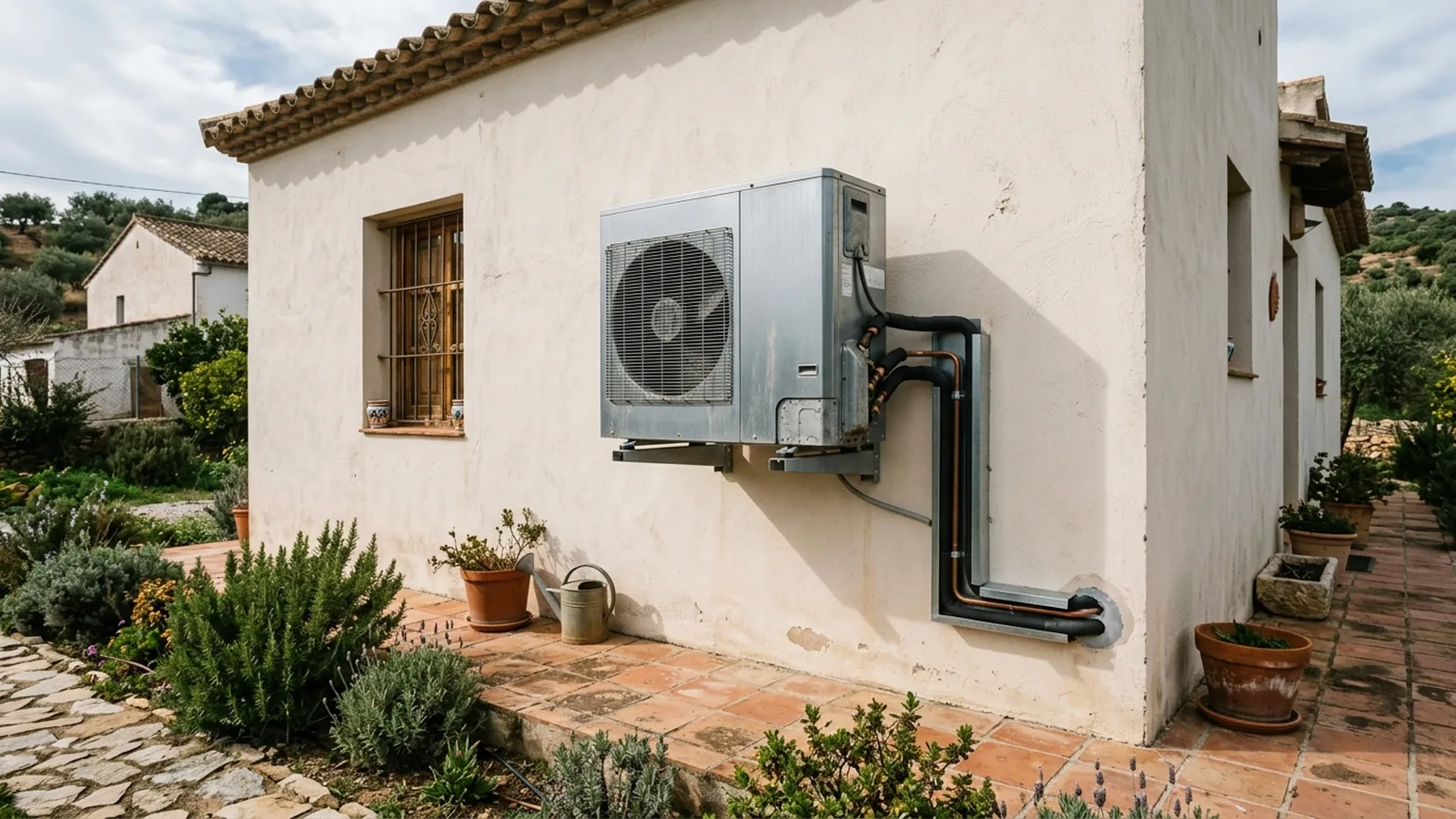 Unidad exterior de una aerotermia instalada en la fachada de una vivienda encalada con jardín mediterráneo