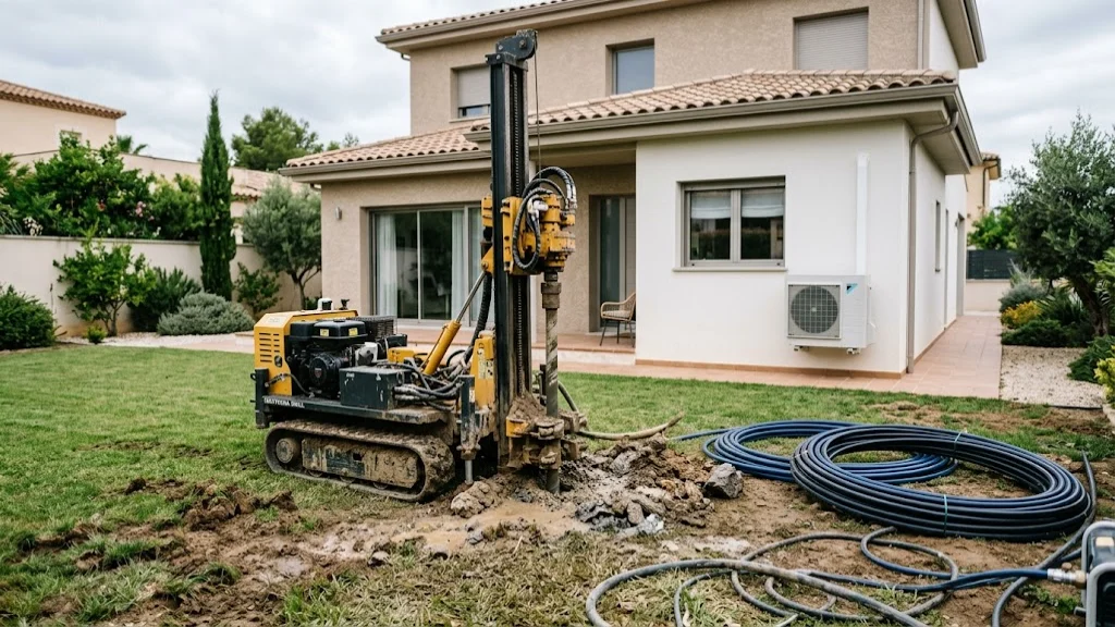 Máquina perforadora geotérmica en el jardín de una casa, con sondas enrolladas y la unidad exterior de una aerotermia al fondo